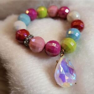 Colorful Faceted Beaded Stretch Bracelet with Teardrop Pendant
